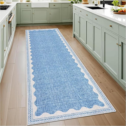 Garvee Washable Hallway Runner Rug 2x6 Runner Rug Bordered Wave Print Blue | Non Slip Entryway Rugs Foldable Non-Shedding Carpet Low Pile Stain-Resistant Indoor Soft Rugs for Laundry Kitchen Bathroom