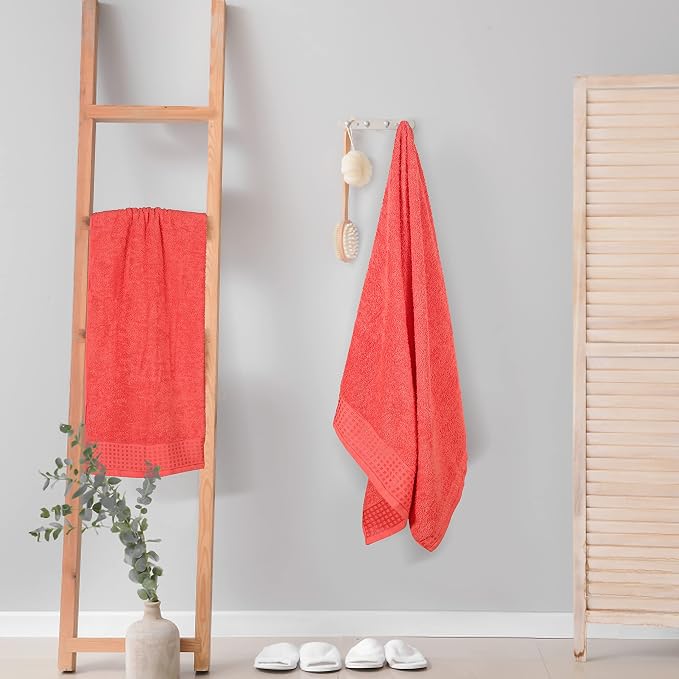 GLAMBURG 100% Cotton 2 Pack Oversized Bath Towel Set 28x55 Inches, Ultra Soft Highly Absorbant Compact Quickdry & Lightweight Large Bath Towels, Ideal for Gym Travel Camp Pool - Coral Orange