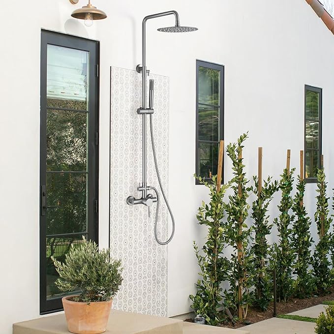 RBROHANT Outdoor Shower, Wall Mount Outdoor Shower Kit, Outside Shower Faucet with Height Adjustable Rain Shower Head and Handheld, Exposed Shower System for Pool, Wall Mounted, Brushed Nickel, JK0290