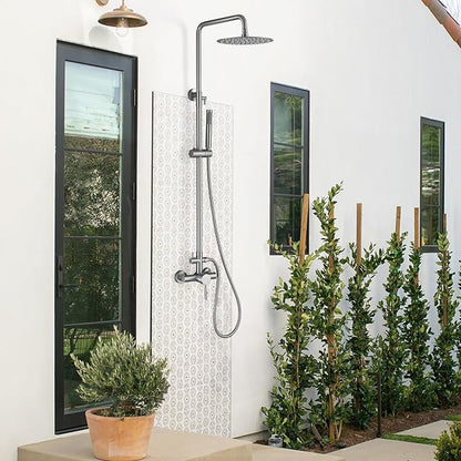 RBROHANT Outdoor Shower, Wall Mount Outdoor Shower Kit, Outside Shower Faucet with Height Adjustable Rain Shower Head and Handheld, Exposed Shower System for Pool, Wall Mounted, Brushed Nickel, JK0290