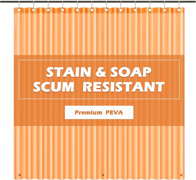 EHZNZIE Shower Curtain Liner Light Weight PEVA, Shower Liner 72x72 Inches, Waterproof, No Chemical Smell with 12 Rust Proof Metal Grommets for Bathroom Shower Curtain, Clear Orange