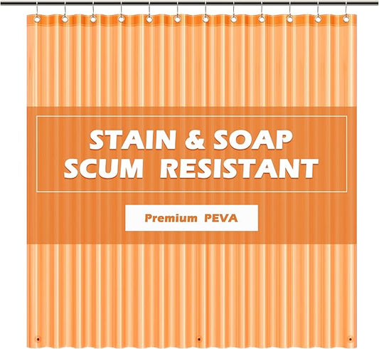 EHZNZIE Shower Curtain Liner Light Weight PEVA, Shower Liner 72x72 Inches, Waterproof, No Chemical Smell with 12 Rust Proof Metal Grommets for Bathroom Shower Curtain, Clear Orange