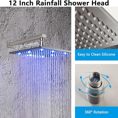 SKOWLL Brushed Nickel Shower System with Body Jets 12 Inch LED Rain Shower Head with Handheld, Wall Mounted Shower Faucet Set Rough in Mixer Valve and Trim Included