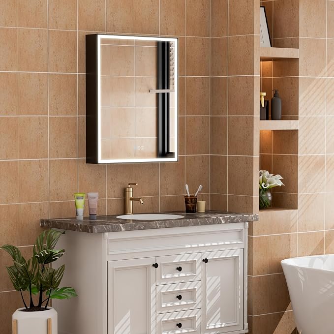 24" X 30" LED Mirrored Medicine Cabinet, Medicine Cabinets with Lights for Bathroom, Defogging Function Mirror Cabinet, Bathroom Medicine Cabinet with USB Port & Outlet, Left Opening Doors