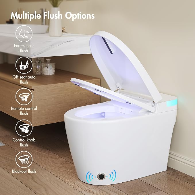 One Piece Smart Bidet Toilet, Wash & Dry, Foot Sensor Flush | Off Seat Auto Flush, Heated Seat, Instant Warm Water, Self Cleaning Wand, Adjustable Wash Settings, Pre Wet, Night Light
