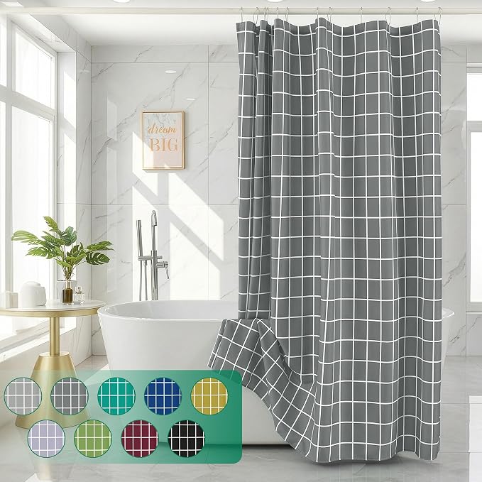 Fabric Farmhouse Shower Curtain-Modern Bathroom Shower Curtains Dark Grey | 70"Wx72"L Faux Linen Grid Minimalist Simple Rustic Neutral Guest Bathroom Decor-Cloth Geometric Plaid Washable Hotel Quality