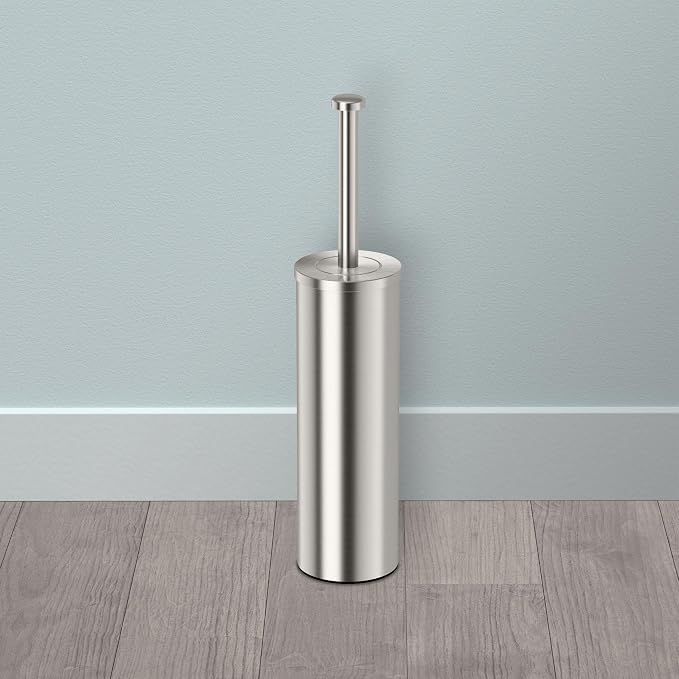 Gatco 1482 Latitude II Slender Toilet Brush and Holder, Satin Nickel, Freestanding Bathroom Toilet Brush Canister