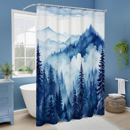 Litabel Navy Blue Extra Long Misty Pine Forest Shower Curtain 72 x 84, XL Mountain Foggy Woodland Scenery Tree Shower Curtains for Bathroom, Abstract Waterproof Nature-Themed Decor