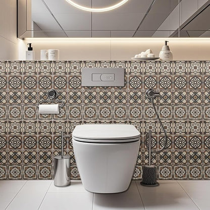 36 Pcs 4 Style Tile Stickers Brown Patterns Peel and Stick Black Patterns Wall Tile Stickers Waterproof Self Adhesive Geometric Stick on Tiles Decals for Kitchen Wall Art Decor, 4×4 Inch