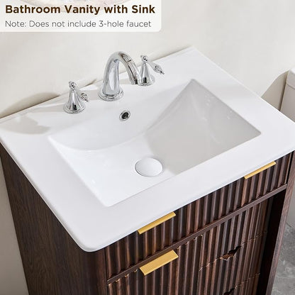 T4TREAM 24" Fluted Bathroom Vanity with Ceramic Sink Combo, Dark Walnut | Freestanding Small Modern Bathroom Storage Vanity Cabinet with Sliding Door & 3 Drawer, Wood Grain Texture, Metal Handle