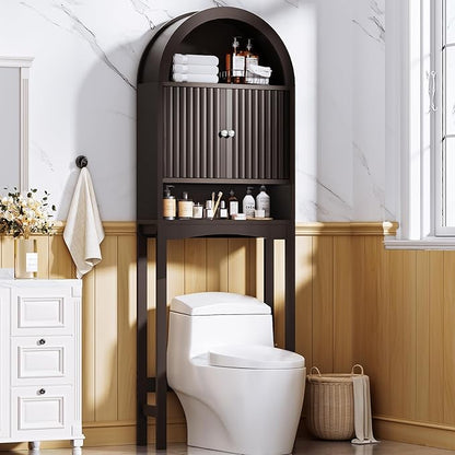 Spurgehom Arch Over The Toilet Storage Cabinet, Bathroom Organizer (Coffee) | Freestanding Bathroom Shelf Equipped with Anti-Tipping Device, Space-Saving Vertical Toiletries Storage Cabinet