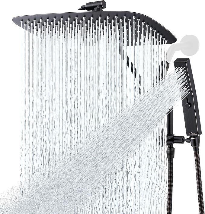 G-Promise 14 Inch Metal Rain Shower Head with Handheld (Oil Rubbed Bronze) | Suits Every Height, Pause Mode Diverter, Massage Mode Handheld, Full Body Coverage, Easy to Install, Modern Bath Upgrade