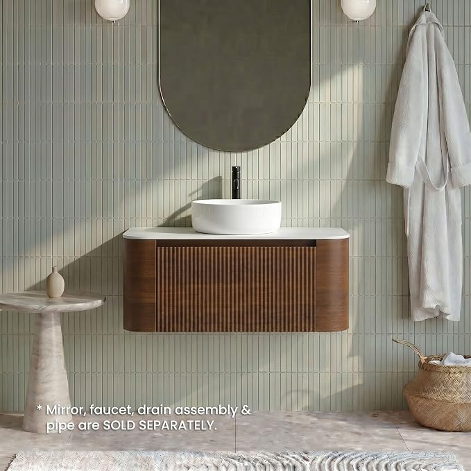 36" Preassembled Floating Bathroom Vanity with Round Sink, Walnut | Mid-Century Modern Style, Fluted & Soft-Close Drawer with U-shaped Wall, Sinterted Stone Countertop, Towel Rack Included