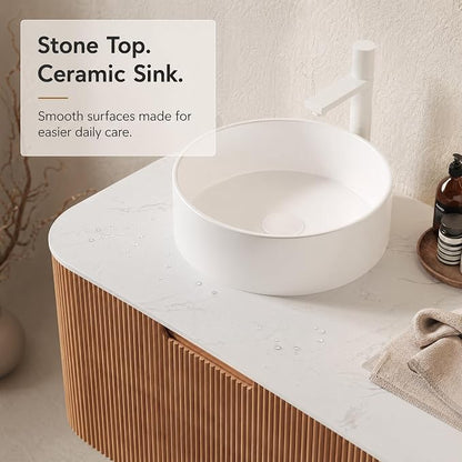 60 Inch Double Sink Bathroom Vanity, Floating Wall Mounted Cabinet, Natural Woodgrain Curved Fluted Front, Stone Top, Dual Pure White Round Vessel Basins, Pre-Assembled