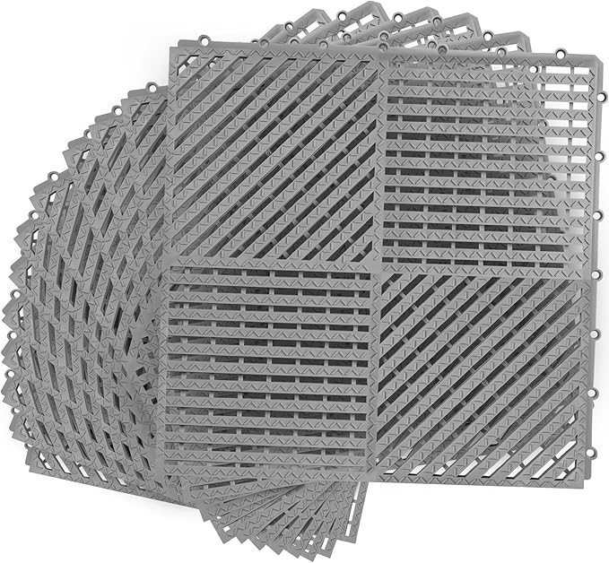 Modular Interlocking Cushion 12 Pack 11.8" x 11.8" Rubber Floor Tiles Non-Slip Splicing Drainage Mats for Deck, Pool, Shower, Patio, Balcony, Bathroom, Kitchen, Yard (Diagonal, Gray)