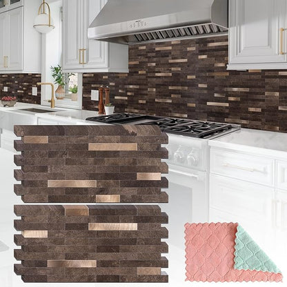 StyloVue 20 Sheets Peel and Stick Backsplash for Kitchen, Dark Brown with Metal Gold Look Stick on Tile Upgrade Your Kitchen Backsplash, RV, Fireplace
