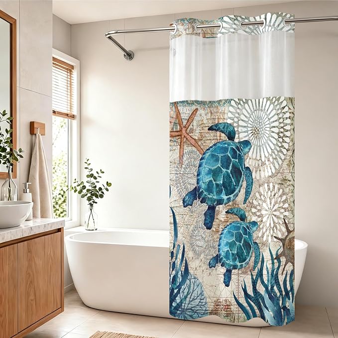 Ocean Beach Coastal Sea Turtles Theme No Hook Waffle Weave Shower Curtain with Snap in Liner Rustic Tropical Bathroom Decor Set 36 W x 74 H Inch Teal Blue