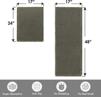 MIULEE Set of 2 Waffle Bathroom Rugs Boho Bath Mat Green 17"x24"+17"x48" | Non Slip, Super Absorbent, Washable, Ultra Soft, Rubber Backed, Small Bath Rug and Bathroom Runner for Floor Tub Shower