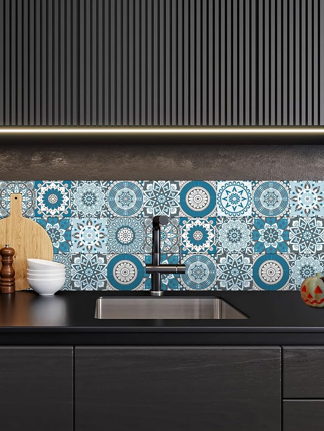 Peel Stick Vinyl Moroccan wall Tile Decals 6x6in Stick on backsplash,24Pc | Waterproof&heat resistant tile stickers for kitchen RV laundry backsplash decor,remove no damaging,cyan mandala pattern