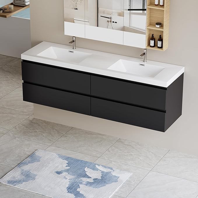 Wall Mounted 72 Inch Bathroom Vanity with Sink, Floating Vanity Bathroom, Double Sink Bathroom Vanity, 4 Drawers, Resin Integrated Sink (Glossy Black)