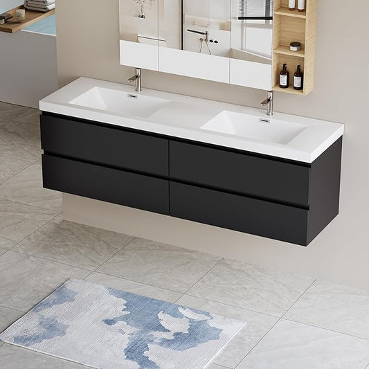 Wall Mounted 72 Inch Bathroom Vanity with Sink, Floating Vanity Bathroom, Double Sink Bathroom Vanity, 4 Drawers, Resin Integrated Sink (Glossy Black)