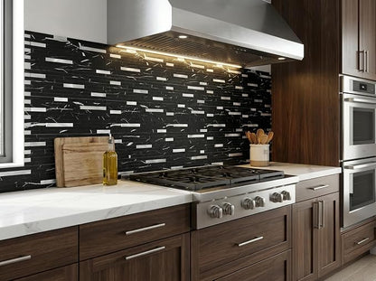 Yipscazo 10 Sheets Peel and Stick Stone Metal Tile Backsplash, Stick on Tiles for Backsplash Kitchen, Bathroom, Laundry Room, Camper, Fireplace (12'' X 12'', Pure Black)