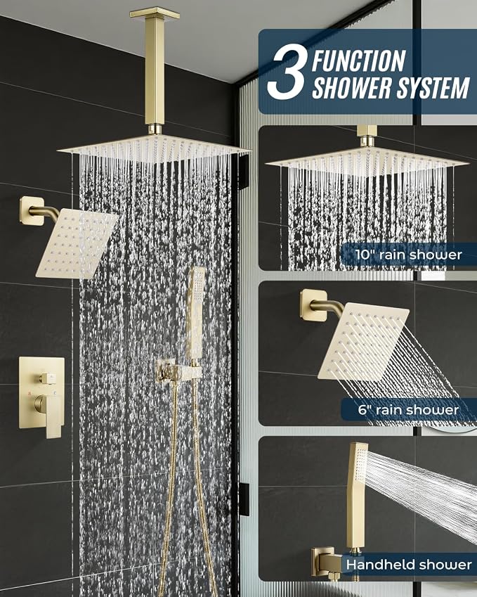Rain Shower Faucet Set, 10" Top + 6" Side Head, Brushed Gold | 3-head set w/ valve, SUS304 anti-freeze, 6 spray modes, self-clean nozzles