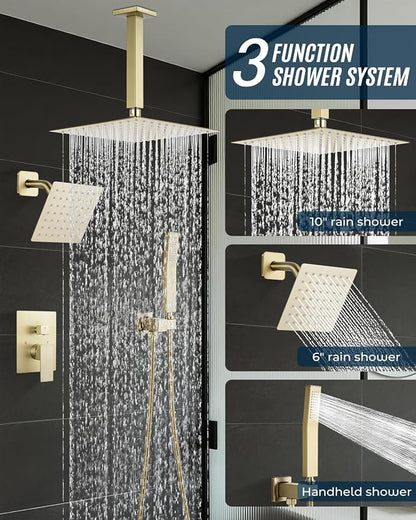 Rain Shower Faucet Set, 10" Top + 6" Side Head, Brushed Gold | 3-head set w/ valve, SUS304 anti-freeze, 6 spray modes, self-clean nozzles