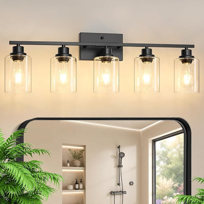 Ascher 5 Light Bathroom Light Fixture, Matte Black Bathroom Lighting Fixtures Over Mirror, Vanity Light with Clear Glass Shade, Wall Sconce for Living Room Bedroom Cabinet, E26 Base