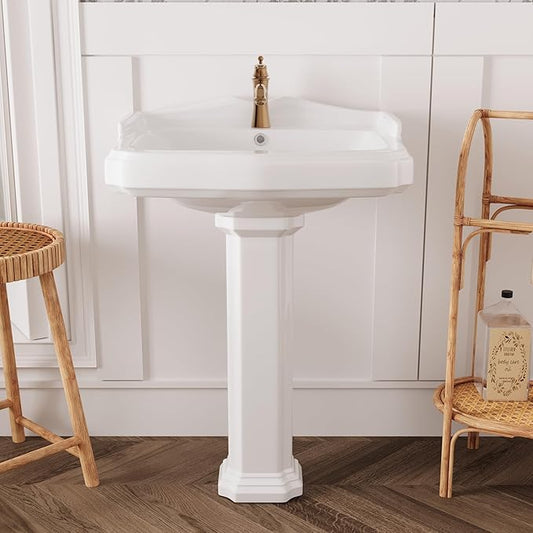 DeerValley Dynasty 23x19 Inch White Ceramic Pedestal Bathroom Sink with Overflow, Single Faucet Hole, DV-1P52201