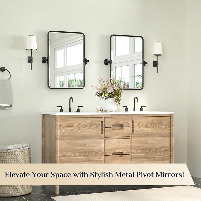 Keonjinn 16x24 Inch Black Povit Mirror for Bathroom, Tilt Mirror, Beveled | Tenmpered Glass, Rectangle, Adjustable Bathroom Mirrors for Over Sink, Farmhouse, Metal Framed, Horizontal/Vertical