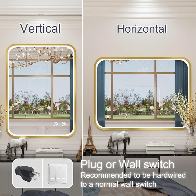24x32 Inch Gold LED Bathroom Mirror with Lights,3000K/4500K/6000K | Stepless Dimmable, Memory Funtion,Anti-Fog, Aluminum Frame Wall Mount Lighted Bathroom Vanity Mirror, ETL Listed, Waterproof