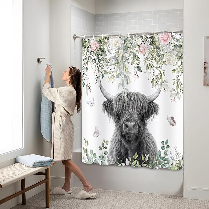 Highland Cow Shower Curtain, Floral Eucalyptus & Butterfly Farmhouse Bathroom Decor, Waterproof Washable Polyester Fabric, Shower Curtains Set with Hooks 60X72inch.