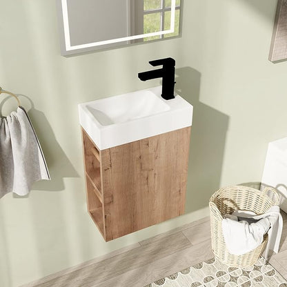 16" Bathroom Vanity with Sink, 16 Inch Floating Bathroom Vanity for Small Space, Modern Bathroom Vanity, Brown Wall Mounted Cabinet Set（050）
