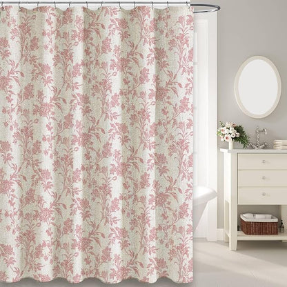 WOUVMA Extra Long Pink Shower Curtain Floral Cotton Linen Cottagecore Shower Curtain for Bathroom 90" L x 72" W