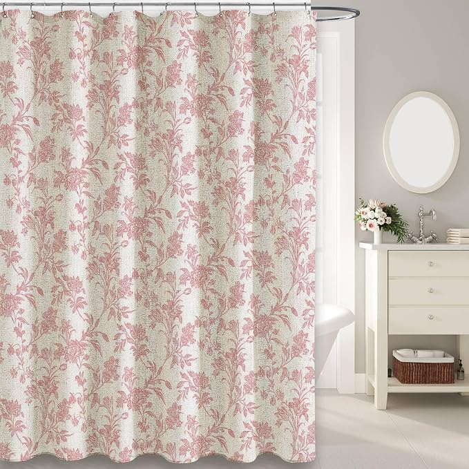 WOUVMA Pink Shower Curtain Floral Cotton Linen Cottagecore Shower Curtain for Bathroom 75" L x 72" W Long