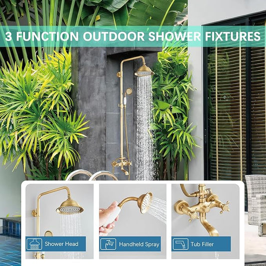 Antique Brass Shower System Bathroom Shower Faucet Set with 8 Inch Shower Head Handheld Spray and 360 ° Rotation Tub Spout 2 Cross Handles Outdoor Shower Fixtures