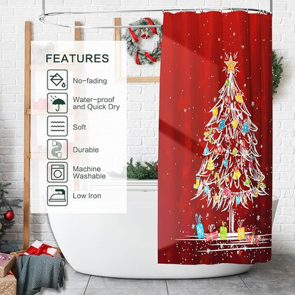 Shower Curtain Christmas, Holiday Shower Curtain Red Christmas Tree Candy Cane Stocking Jingle Bells Bulb Winter ShowerCurtain Waterproof Fabric Machine Washable Home Farmhouse Decor Bath Curtains