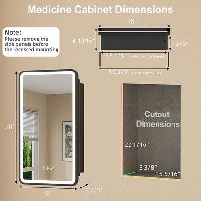 16 x 28 Inch LED Medicine Cabinet with Mirror, UL Certified Dimmable Lighted Bathroom Mirror Cabinet, Anti-Fog & Memory Function, 3 Color Modes, Recessed or Wall Mounted, Adjustable Shelf, Black