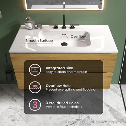 36" Bathroom Vanity with Sink, Modern Floating Vanity with Double Soft-Closing Drawers, Large Storage for Small Space, Natural Oak, Fully Assembled - Iris Collection