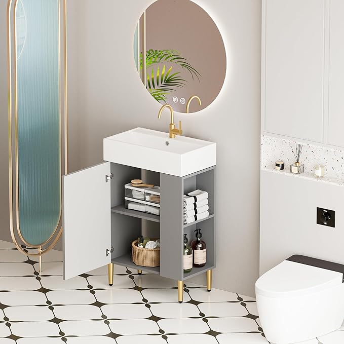 Merax 21.6" Small Bathroom Vanity with Sink Narrow Depth Bathroom Vanities,Wood Vanity Cabinet,Soft Closing Door,Freestanding Sink Cabinet W/Open Side Shelves,Gray