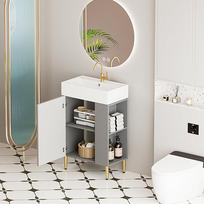 Merax 21.6" Small Bathroom Vanity with Sink Narrow Depth Bathroom Vanities,Wood Vanity Cabinet,Soft Closing Door,Freestanding Sink Cabinet W/Open Side Shelves,Gray
