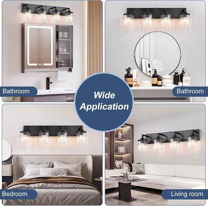4-Light Black Bathroom Vanity Light, Crystal Glass Shades | Modern Wall Lighting Fixtures Over Mirror, for Bathroom, Matte Black Finish, Rust-resistant Metal, Farmhouse Industrial Style