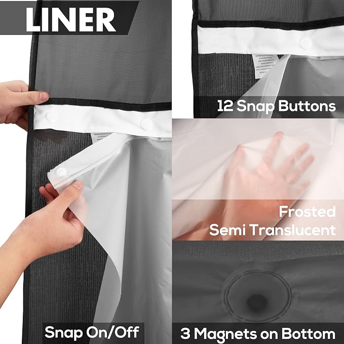 Extra Long No Hook Slub Textured Shower Curtain with Snap-in PEVA Liner Set - 71" x 86"(84"), Hotel Style with See Through Top Window, Black Fabric Curtain & Waterproof Liner, Black, 71x86 | 71W x 86H, Snap on/off Waterproof PEVA Liner, See Through Top...