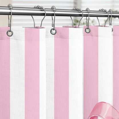 Tititex Cute Candy Cane Striped Pink Bow 140gsm Faux Linen Fabric Shower Curtain, Elegant Classic Shower Curtain Sets Decoration 72x72 Inch with Hooks