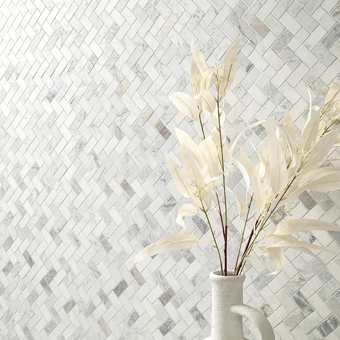 MSI Arabescato Venato White 1 in. x 2 in. Herringbone Honed Marble Mesh Mounted Mosaic Tile for Bathroom, Kitchen Backsplash, Accent Wall Tile, and Shower Wall Tile