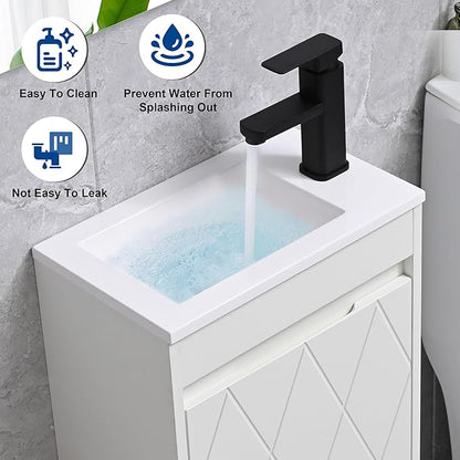 16" Bathroom Vanity Sink Combo for Small Space, Wall Mounted Bathroom Cabinet Set with White Resin Basin Sink Top Black Faucet Pop Up Drain White
