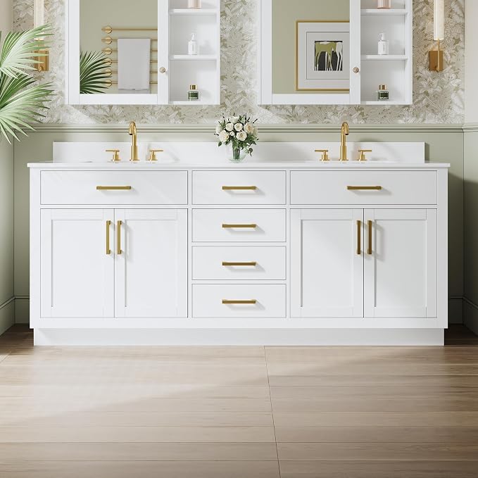 80-Inch Bathroom Vanity with Double Sinks W/ 4 Doors & 4 Drawers & 2 Flip Drawers, White Vanity W/Brushed Gold Handles