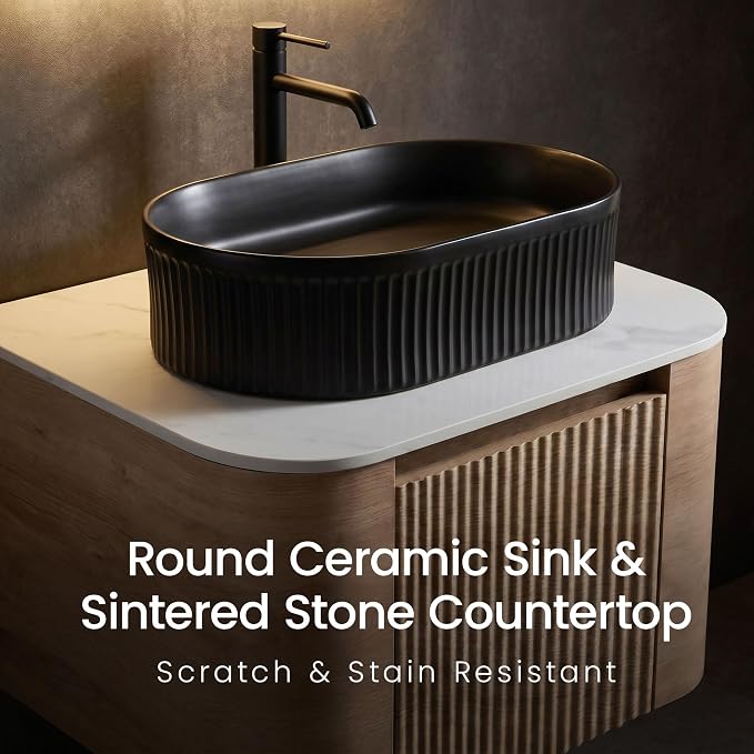 24" Preassembled Floating Bathroom Vanity with Black Sink, Oak | Mid-Century Modern Style, Fluted & Soft-Close Drawer with U-shaped Wall, Sinterted Stone Countertop, Towel Rack Included