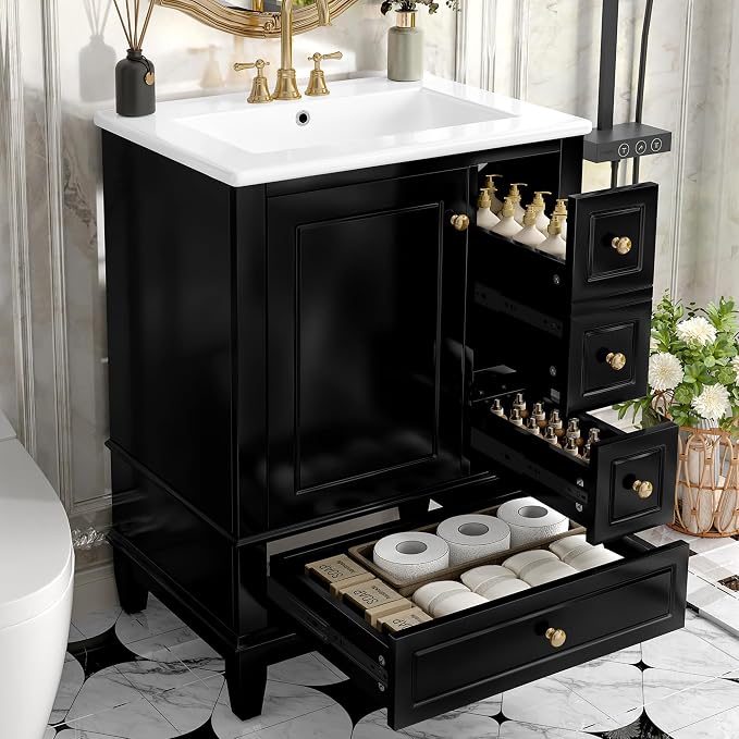 24" Vanity with Sink, Small Bathroom Vanities 24 Inch with Sink, Single Sink Bathroom Vanity with Door Shelf and Three Drawers, Restroom Vanity with Sink Top (Black)